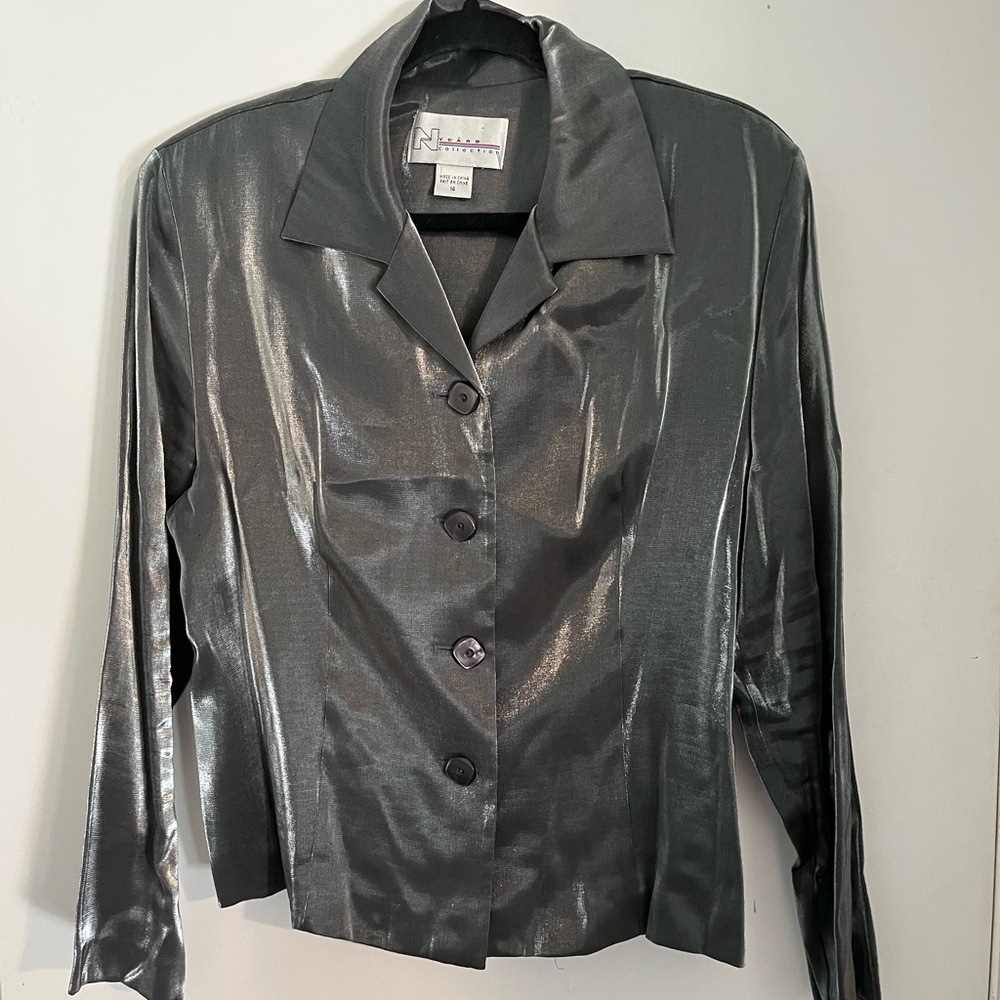Shimmering Silver Gray Metallic-look Button-Up Blouse. Size 14